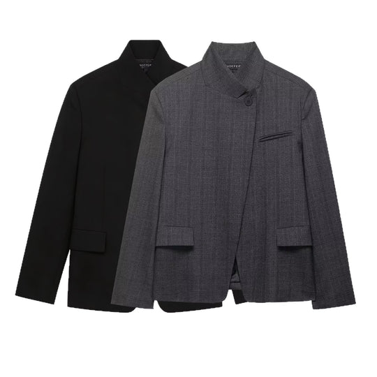 Damen Moderner schlanker Blazer mit asymmetrischer Knopfleiste und Stehkragen Shop Nory