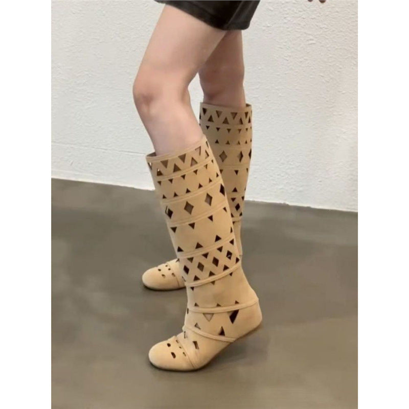 Damen Kniehohe Cut-Out Stiefel im Gladiator-Stil aus Velourslederoptik mit flacher Sohle Shop Nory