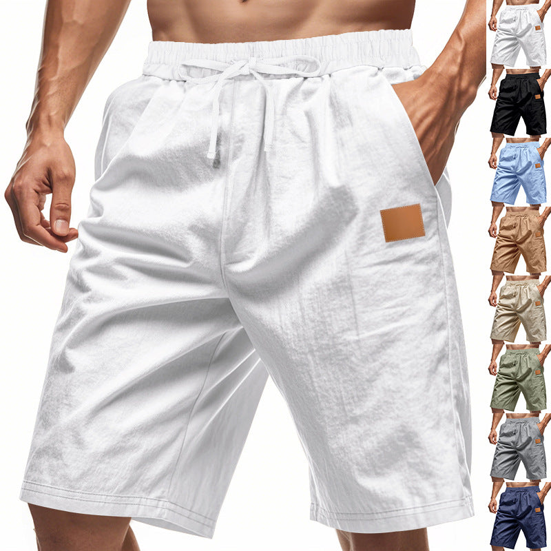 Herren nan leichte Freizeit-Bermudashorts mit Elastikbund, Kordelzug und dezenter Lederapplikation