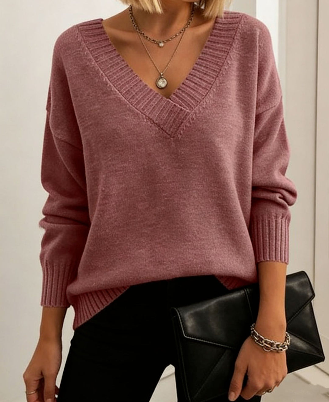 Damen Feinstrickpullover mit tiefem V-Ausschnitt und überschnittener Schulter Shop Nory