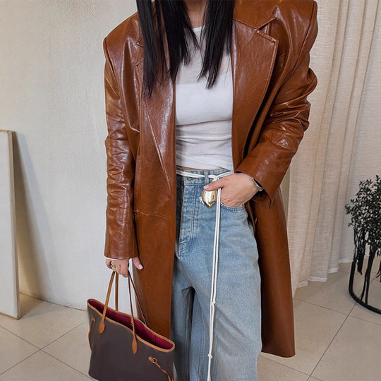 Damen Lang geschnittener Lackleder-Trenchcoat mit Reverskragen und kastiger Oversize-Passform Shop Nory