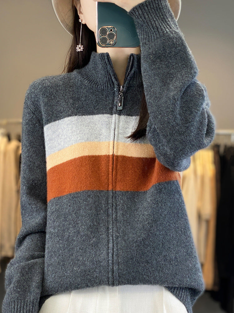 Damen Reißverschluss-Strickcardigan aus weichem Wollmix mit Blockstreifen und geripptem Saum Shop Nory