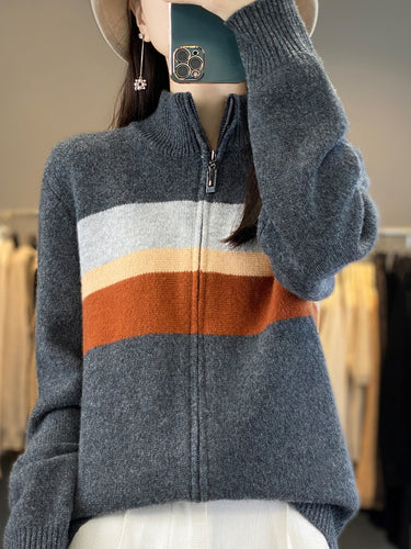 Damen Reißverschluss-Strickcardigan aus weichem Wollmix mit Blockstreifen und geripptem Saum Shop Nory