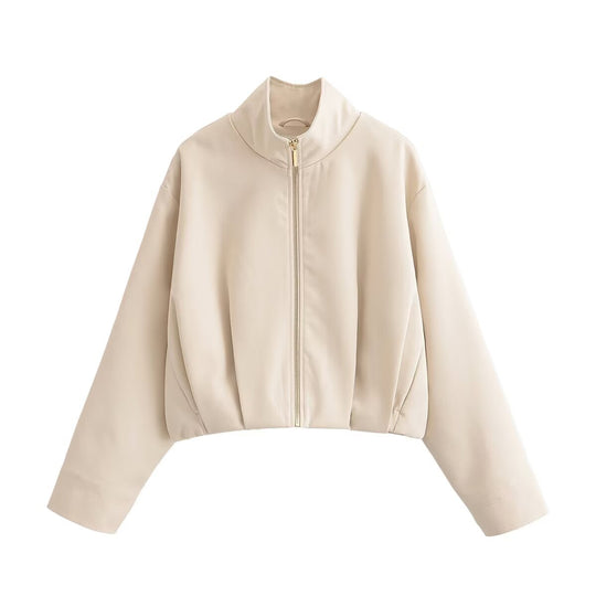 Damen Kurze Boxy-Jacke mit Stehkragen und sichtbarem Metallreißverschluss Shop Nory
