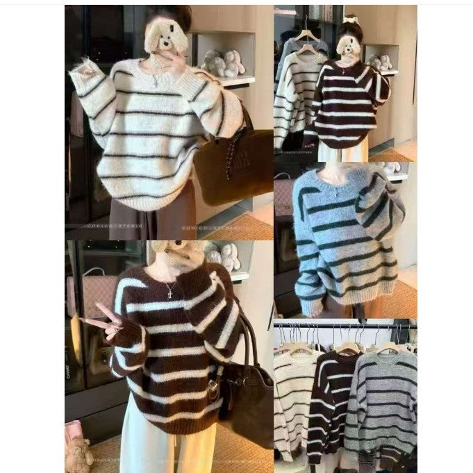 Damen Bequemer Grobstrick Pullover mit Streifenmuster Shop Nory