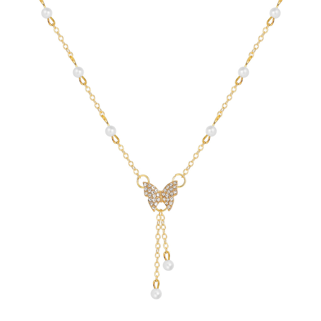 Damen Halskette mit filigranem Schmetterlingsanhänger und strahlenden Perlen Shop Nory