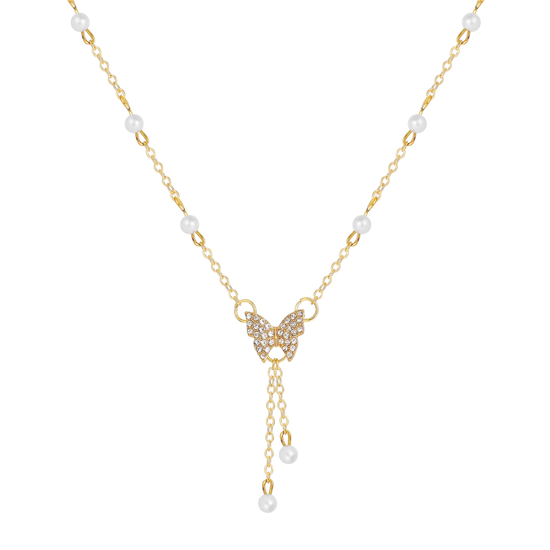 Damen Halskette mit filigranem Schmetterlingsanhänger und strahlenden Perlen Shop Nory