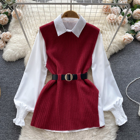 Damen Lagenlook-Bluse mit Rippstrick-Überwurf und Taillengürtel Shop Nory