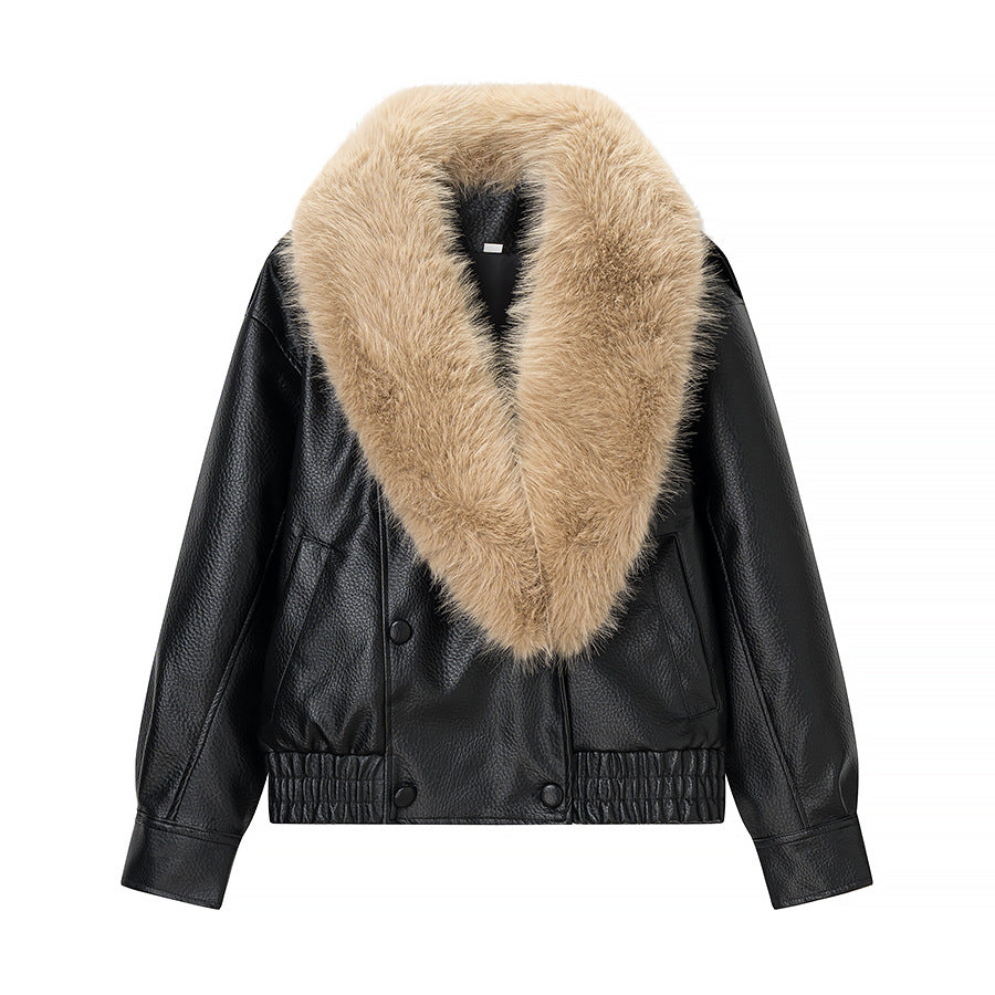 Damen Kurzjacke im Aviatorstil aus Lederoptik mit extragroßem Kunstfellkragen und metallischem Reißverschluss Shop Nory