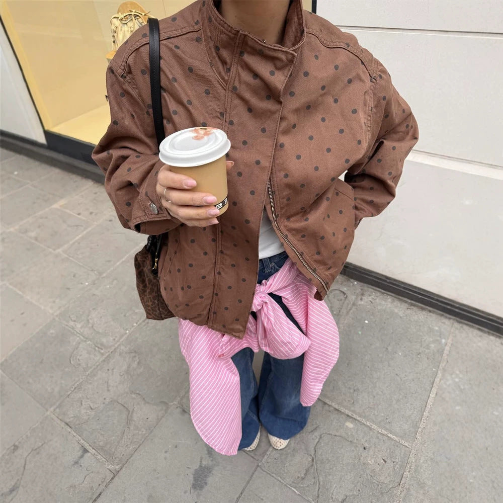 Damen Zweiteiliges Polka-Dot Loungewear-Set aus Baumwollmix mit Boxy-Jacke und hochtaillierter Weitbein-Hose Shop Nory