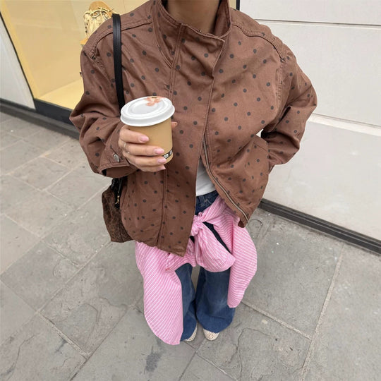 Damen Zweiteiliges Polka-Dot Loungewear-Set aus Baumwollmix mit Boxy-Jacke und hochtaillierter Weitbein-Hose Shop Nory