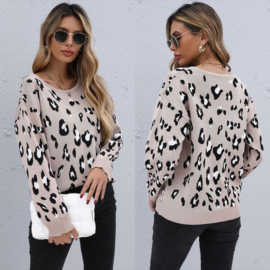 Damen Oversize-Leo-Strickpullover mit Rundhals und überschnittener Schulter Shop Nory
