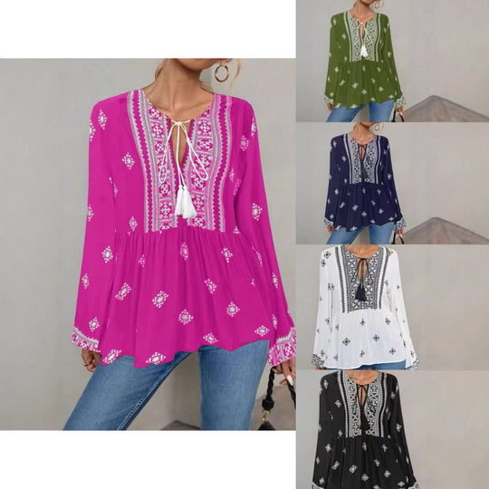 Damen Bestickte Boho-Tunika-Bluse mit Quastenbändern und stufigem Saum Shop Nory