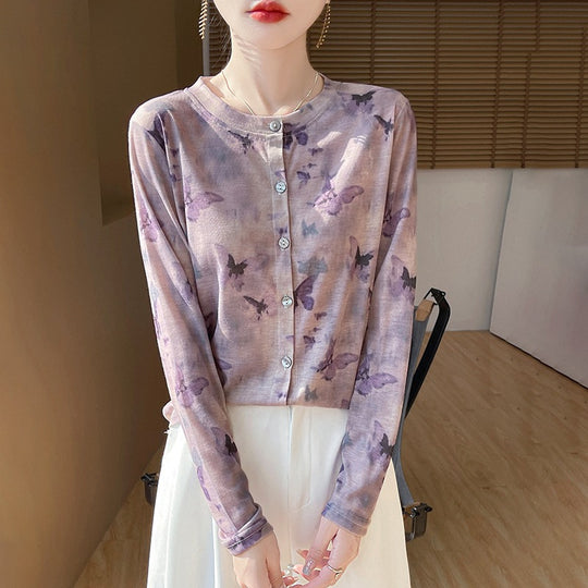 Damen Leichter Aquarell‑Print Feinstrick‑Cardigan mit Rundhalsausschnitt und Knopfleiste Shop Nory