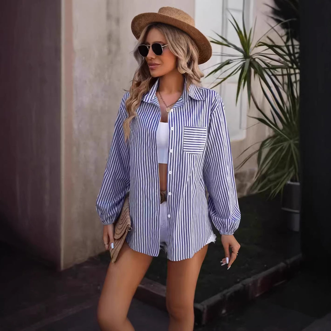 Damen Oversized Hemdbluse mit Streifen, Brusttasche und Ballonärmeln Shop Nory