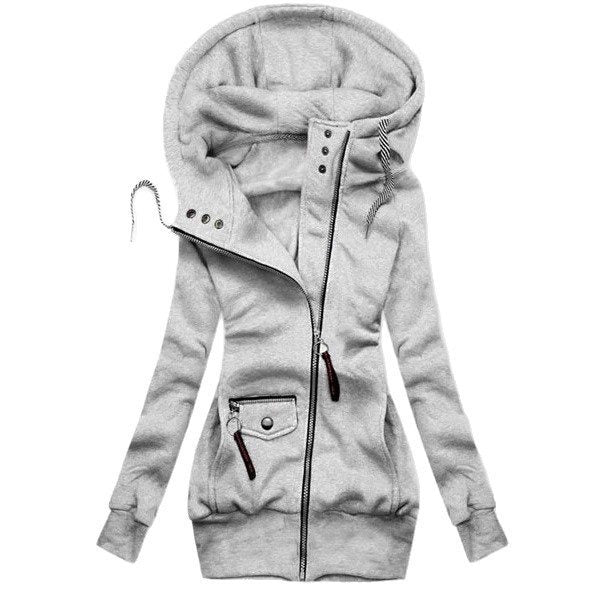 Damen Lange Kapuzenjacke mit asymmetrischem Reißverschluss und Zip‑Tasche Shop Nory