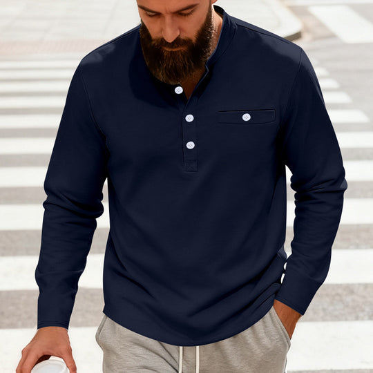 Herren Lässiges Henley-Langarmshirt mit Stehkragen, Brusttasche und abgerundetem Saum Shop Nory