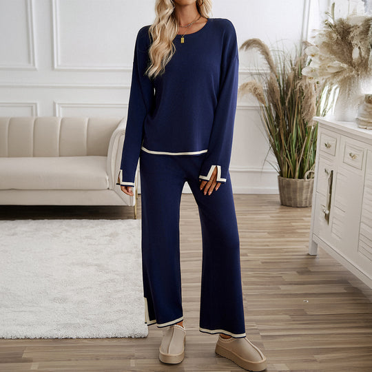 Damen nan entspanntes Lounge-Set mit weichem Rundhalsausschnitt, Kontrastpaspel und weiter Palazzohose Shop Nory