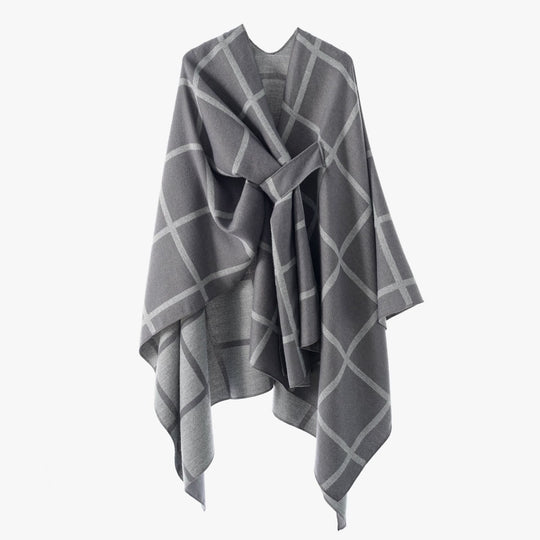 Damen Oversize Poncho aus Feinstrick mit Taillengürtel und Karomuster Shop Nory