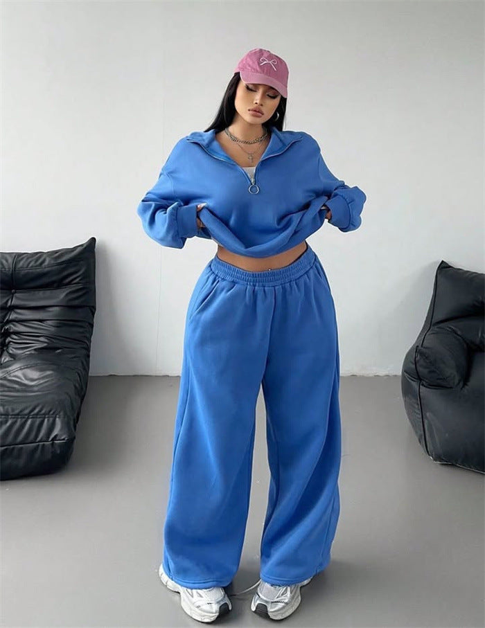 Damen Samt-Cropped-Ziphoodie und weit geschnittene High-Waist Palazzo-Jogginghose Shop Nory