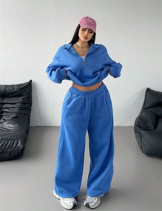 Damen Samt-Cropped-Ziphoodie und weit geschnittene High-Waist Palazzo-Jogginghose Shop Nory