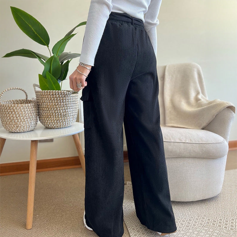 Damen Weite High-Waist-Hose mit Stoffgürtel und Cargo-Taschen Shop Nory