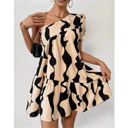 Damen Asymmetrisches Minikleid mit Volant und grafischem Muster Shopnory