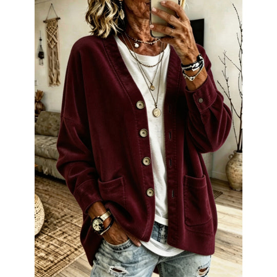 Damen Oversized Cord-Cardigan mit aufgesetzten Taschen und Holzknöpfen Shop Nory