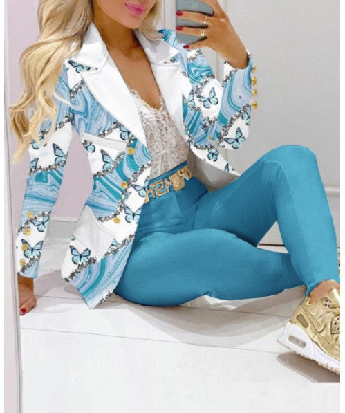 Damen Zweiteiliges Blazer-und-Hose-Set mit Schmetterlingsprint und glamourösem Glitzereffekt Shop Nory