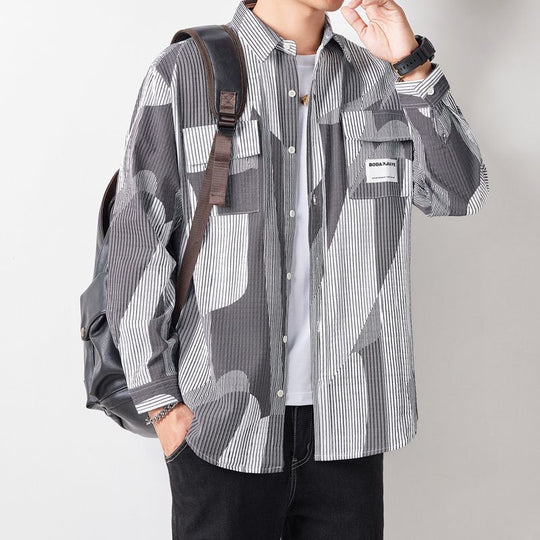Herren Lockeres Hemdjacke im grafischen Nadelstreifen-Mix mit aufgesetzten Brusttaschen Shop Nory