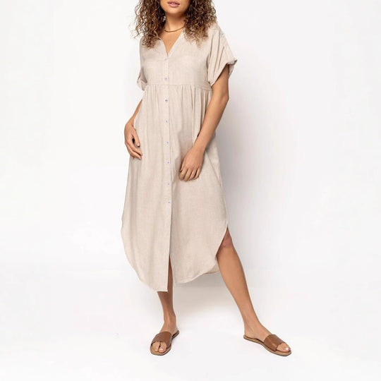 Damen Midikleid mit Knopfleiste, V‑Ausschnitt und legerer Babydoll-Passform Shop Nory