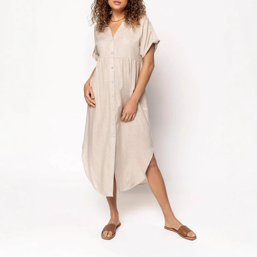 Damen Midikleid mit Knopfleiste, V‑Ausschnitt und legerer Babydoll-Passform Shop Nory