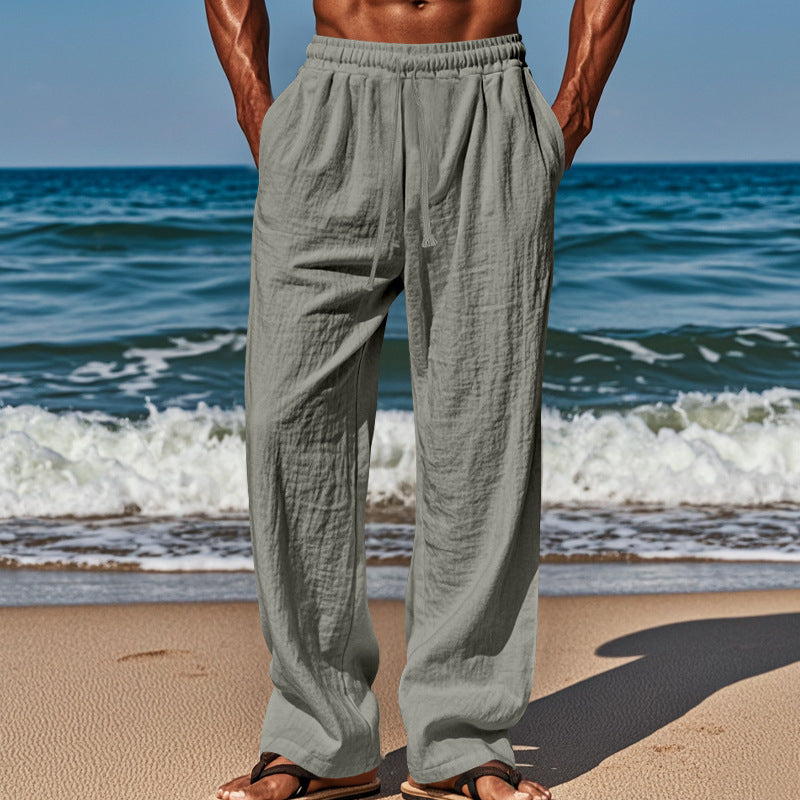Herren nan luftige Strandhose aus Baumwoll-Leinen mit Tunnelzug und Seitentaschen