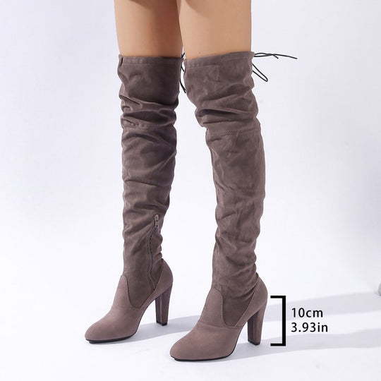 Damen Overknee-Stiefel aus Veloursleder mit hohem Blockabsatz und seitlichem Reißverschluss Shop Nory