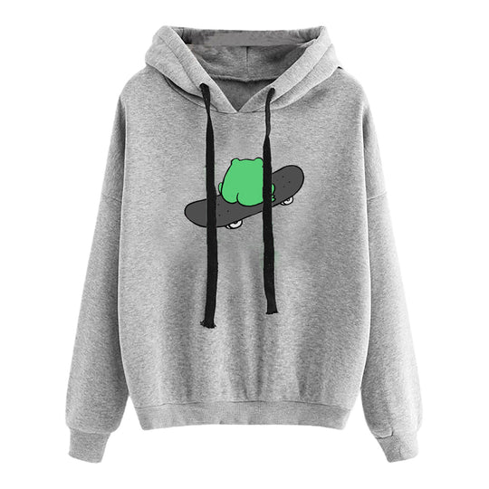 Damen nan kurz geschnittener Cropped-Kapuzenpullover mit niedlicher Frosch-Illustration und verstellbarer Kapuze Shop Nory