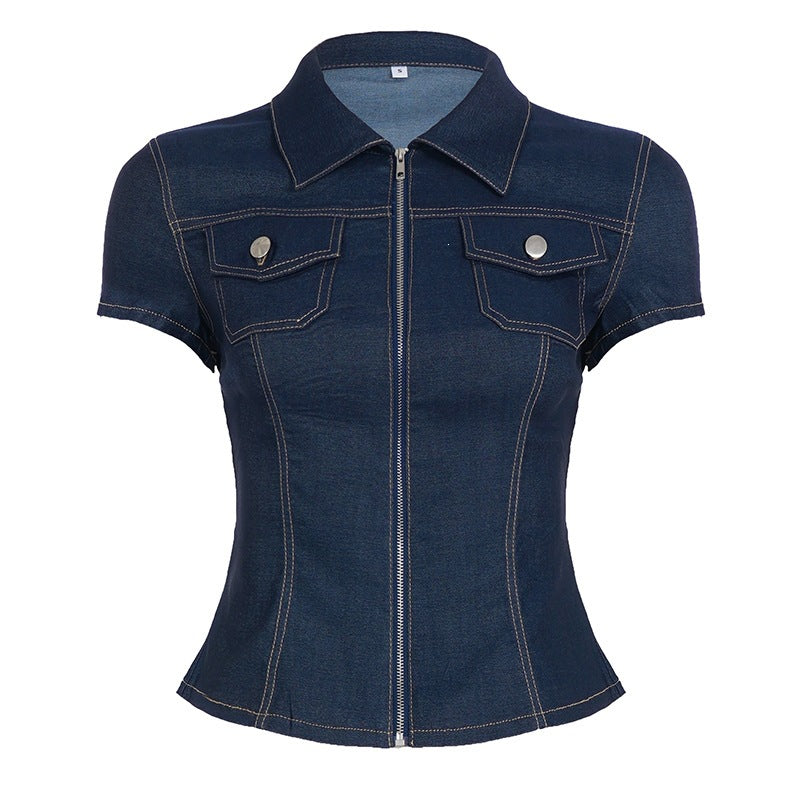 Damen Kurzarm Denim-Bluse mit modischer Zip-Detailierung und Brusttaschen