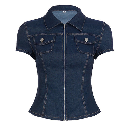 Damen Kurzarm Denim-Bluse mit modischer Zip-Detailierung und Brusttaschen