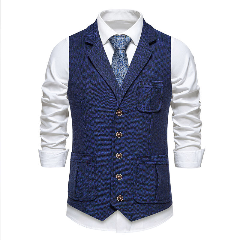 Herren Tweed-Weste mit Fischgrätmuster, Reverskragen und Pattentaschen Shop Nory