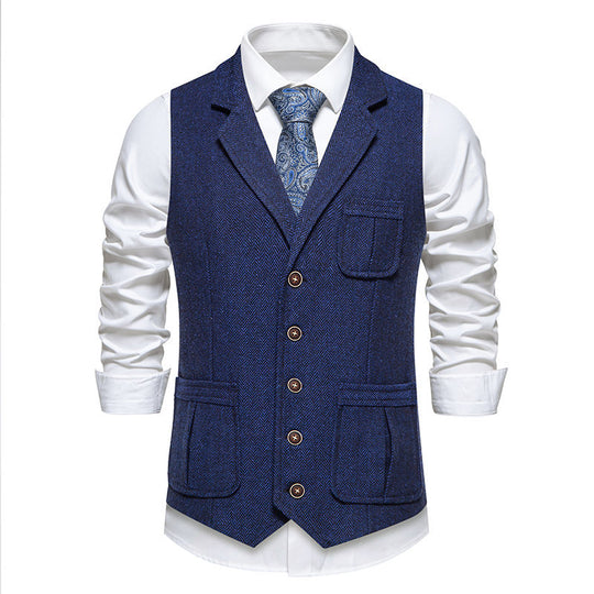 Herren Tweed-Weste mit Fischgrätmuster, Reverskragen und Pattentaschen Shop Nory