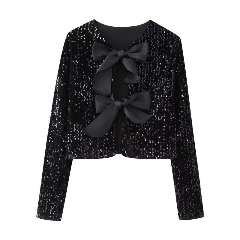 Damen Pailletten-Bolerojacke mit dekorativen Satin-Schleifen Shop Nory