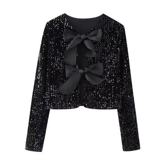 Damen Pailletten-Bolerojacke mit dekorativen Satin-Schleifen Shop Nory