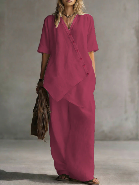 Damen Leinen-Zweiteiler mit asymmetrischer Knopfleiste und weiter Palazzo-Hose Shop Nory
