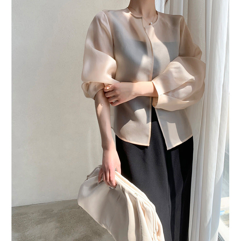 Damen Transparente Bluse mit Puffärmeln Shop Nory