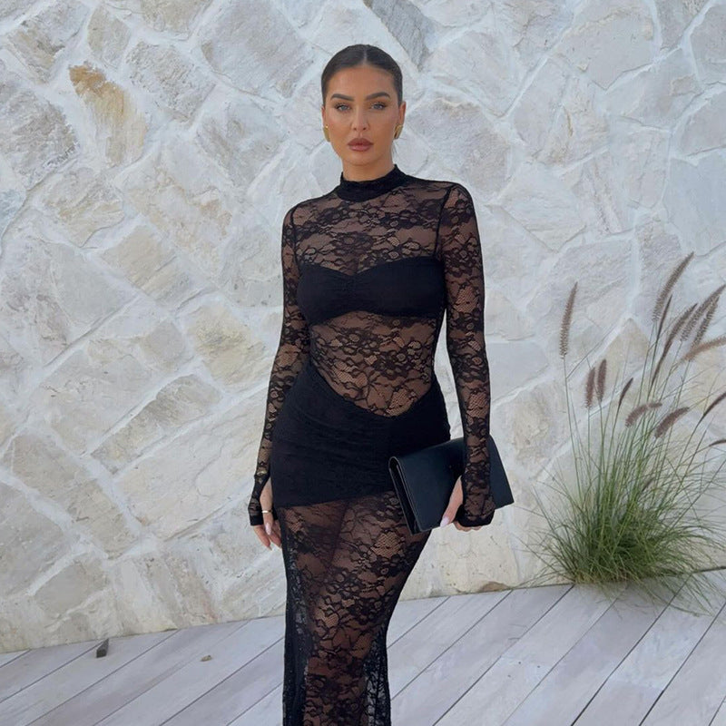 Damen Spitzenmaxikleid mit transparentem Langarmdesign und figurformendem Schnitt