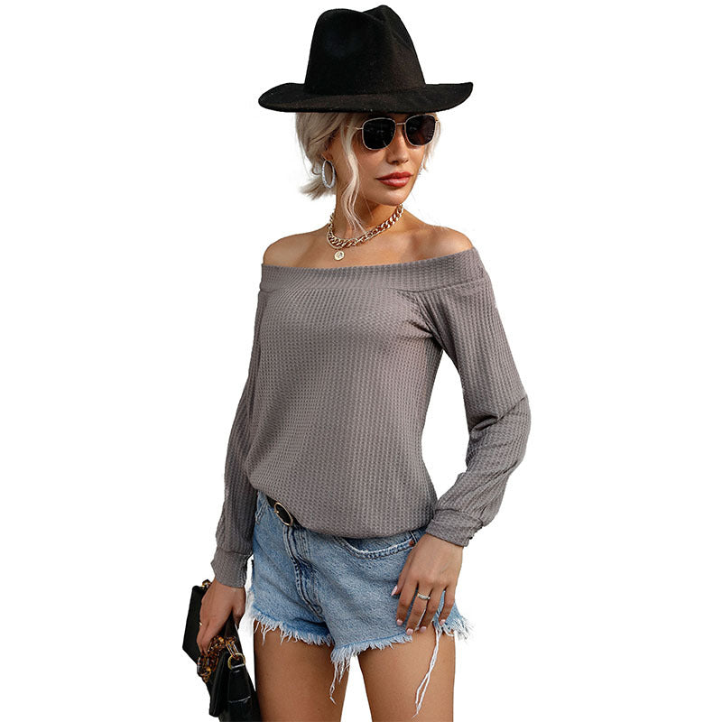Damen Schulterfreies Waffelstrick-Top mit weitem Carmen-Ausschnitt und lockerer Passform Shop Nory