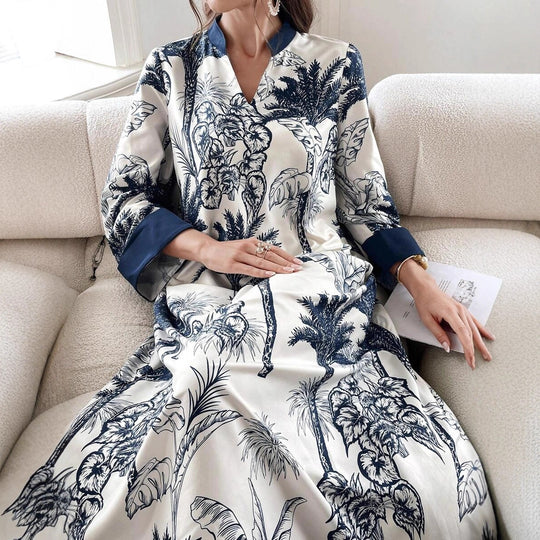Damen Maxikleid in Satinoptik mit Palmenprint, Stehkragen und weitem 3/4-Ärmel Shop Nory