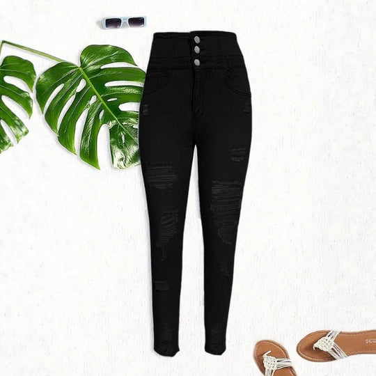 Damen Hochtaillierte Sculpting-Skinny-Jeans mit Rissen und Dreifachknopf Shop Nory
