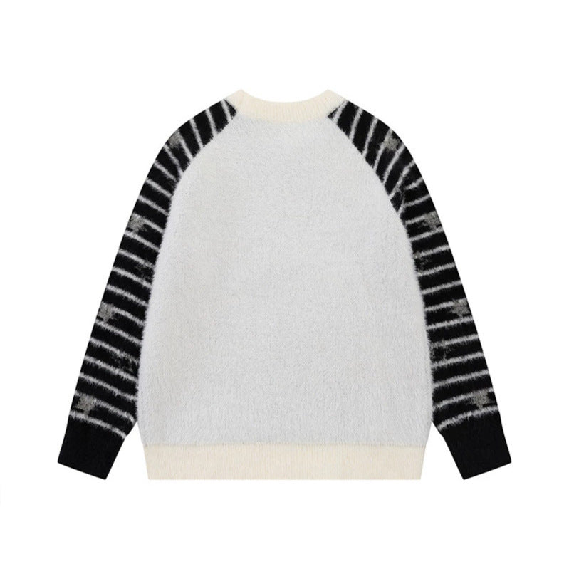 Damen Weicher Fluffy‑Strickpullover mit integrierter Schlauchschal und Manga‑Illustration Shop Nory