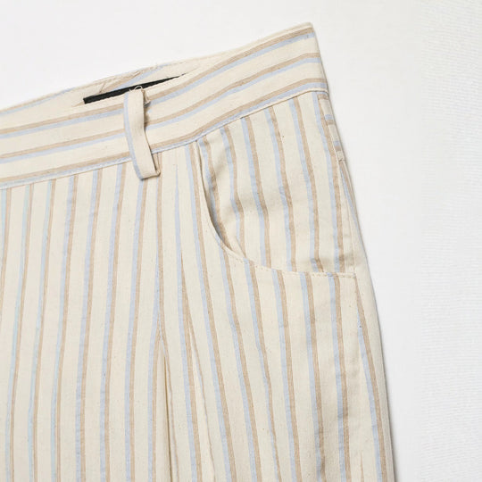 Damen Weite Leinenhose mit hoher Taille, Streifenmuster und aufgesetzten Taschen Shop Nory