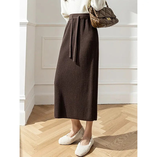 Damen Eleganter Rippstrick-Midirock mit Bindegürtel Shop Nory